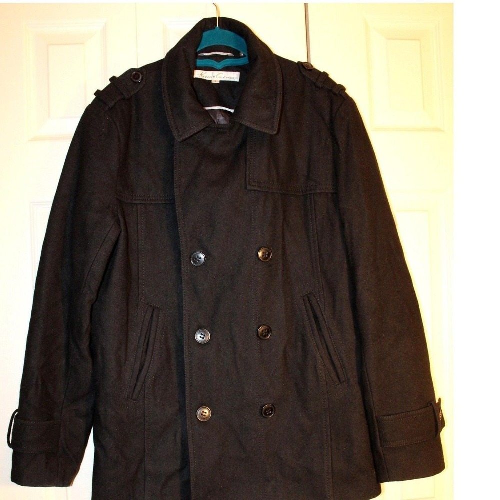 Kenneth Cole New York Men Black Wool Blend Double Breasted Peacoat Jacket Small
